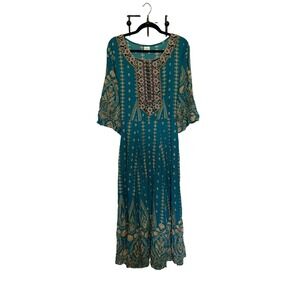 Boho Teal Gold Paisley Embroidered Maxi Dress Bell Sleeve Tie Back 2XL